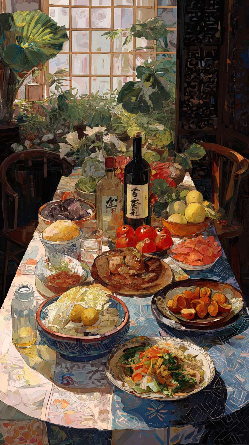 生成一张餐饮年夜饭海报，有创意，温馨，佳作 --ar 9:16 --v 7 --stylize 100 --fast --no 水印