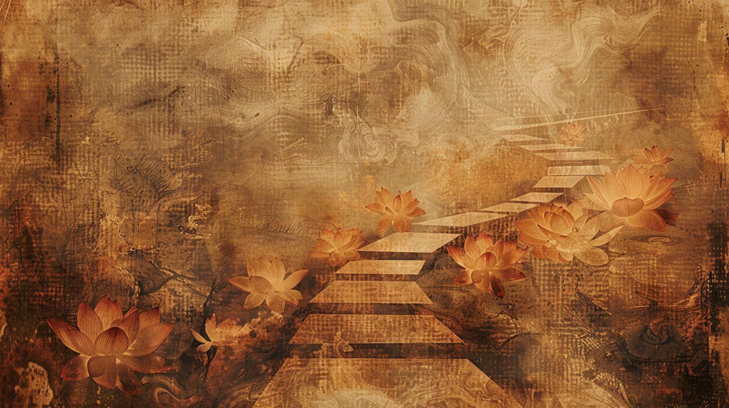 A path unfolding like a scroll in mid-air, each step blooming with lotus flowers, semi-transparent parchment texture showing calligraphy strokes, warm amber lighting, fusion of Eastern philosophy and modern minimalism --ar 16:9 --v 6 --stylize 100 --fast