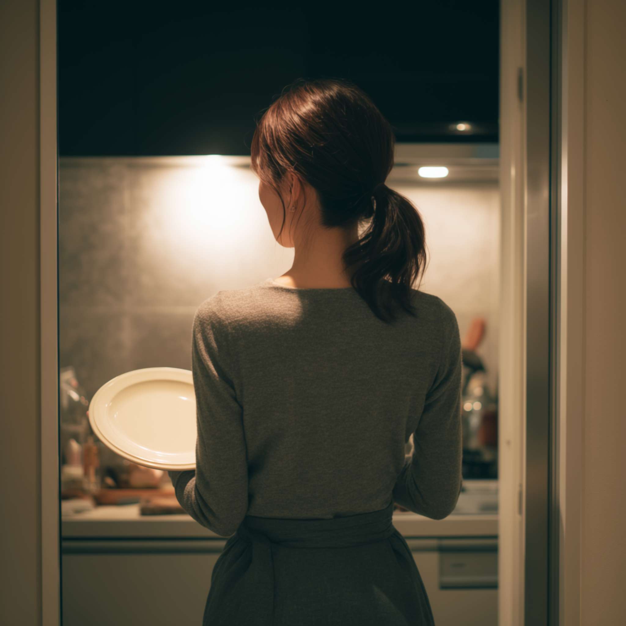 有个人在画面的右侧背对斜向左边45度角，双手拿着一个盘子，画面只显示背部和手部，厨房场景灯光从左上角照射到人 --ar 1:1 --v 7 --stylize 100 --fast --no 水印