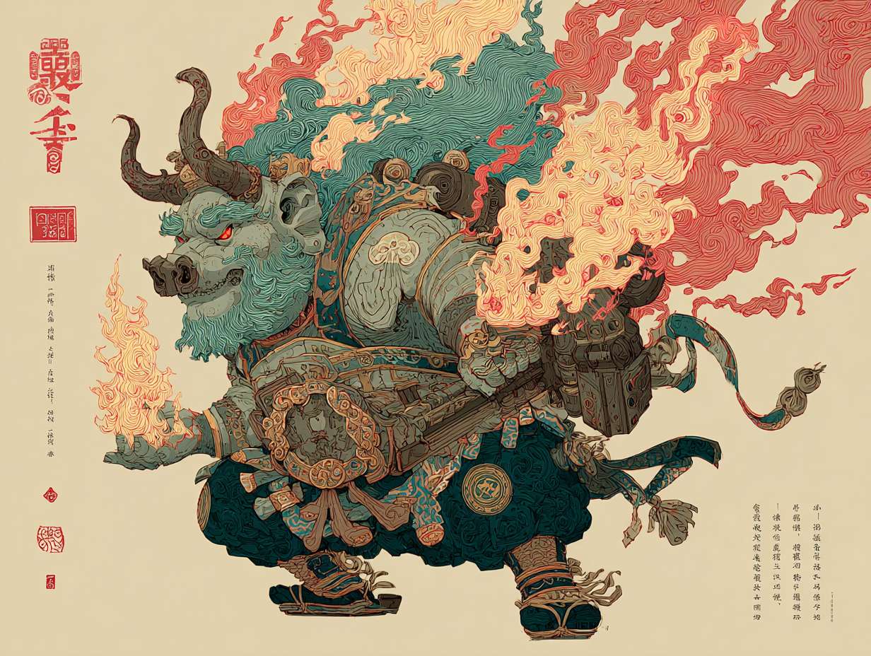 《哪吒重生》机械朋克风格，转世哪吒，桀骜，火焰特效 --ar 4:3 --v 7 --stylize 100 --fast --no 水印