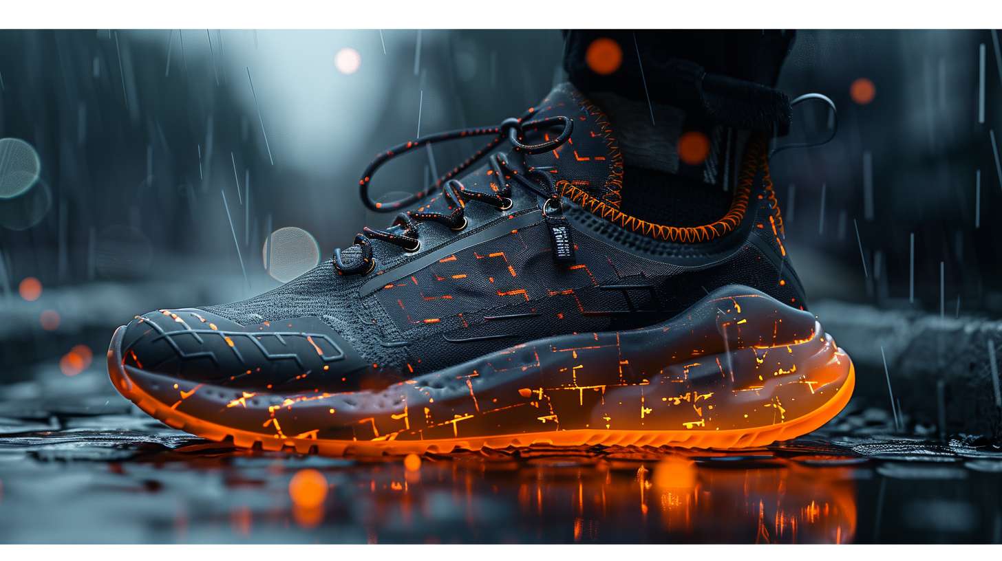 ultra-realistic sneaker live stream background, matte carbon fiber texture in abyss black (#0D0D11), geometric shards of brushed antique gold (#C5A467), **slightly brighter graphite gray platform (#2A2A30) at center**, neon orange (#FF5E00) underlighting beneath shoe silhouette, cinematic rim light (#E4C586) outlining sneaker, dynamic motion blur lines converging to center, abstract champion trophy wireframe in dark gold (#8C784A), no human figures, luxury sport aesthetic, studio lighting with spotlight on product, 8k detail --ar 16:9 --v 6.0 --style raw --stylize 800 --fast
