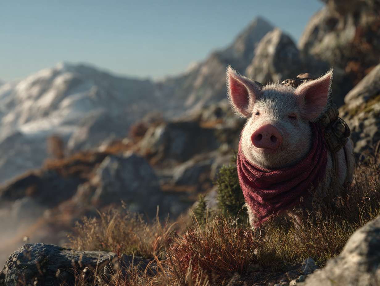 Photorealistic cinematic image，A pale pink pig on the grass next to the mountaintop, facing away from the camera,it also it's a scarf around it head, which is partially covering it face, giving her a mysterious look.Overall, these images convey a sense of desolation and grandeur, possibly telling a story about adventure, and emotional expressions all suggest that this may be a work with a strong narrative and visual impact,with a rocky mountain range behind it, and fog connecting the mountain range, full of warm colors and ultra high definition real materials，Ultra wide view shot， highly detailed photo. --ar 4:3 --v 7 --style raw --stylize 100 --fast