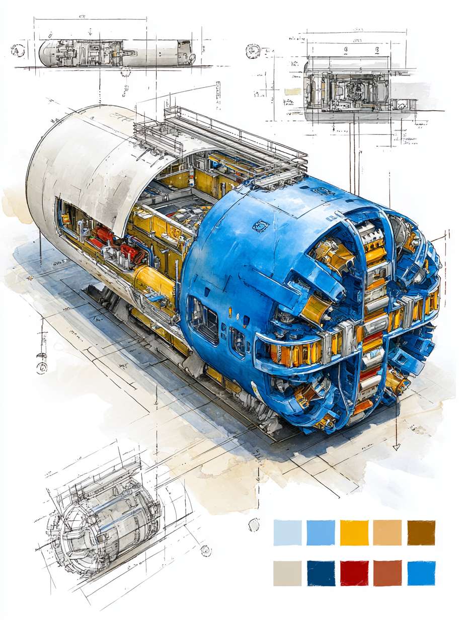 Tunnel Boring Machine (TBM) cutaway perspective blueprint illustration, dramatic wide-angle composition, three-quarter overhead view. Main subject: a highly detailed low-profile modern TBM (Earth Pressure Balance type) rendered in realistic hand-drawn watercolor sketch style, placed on clean white background. Features include: rotating cutterhead with disc cutters and scrapers, with watercolor texture and hand-drawn ink precision. Framed composition with architectural exploded-view edge sketches and directional arrows. Top-right corner includes a color palette swatch block, featuring: steel gray, industrial blue, soil brown, hydraulic red, and lining concrete white. --ar 3:4 --v 7 --stylize 100 --fast