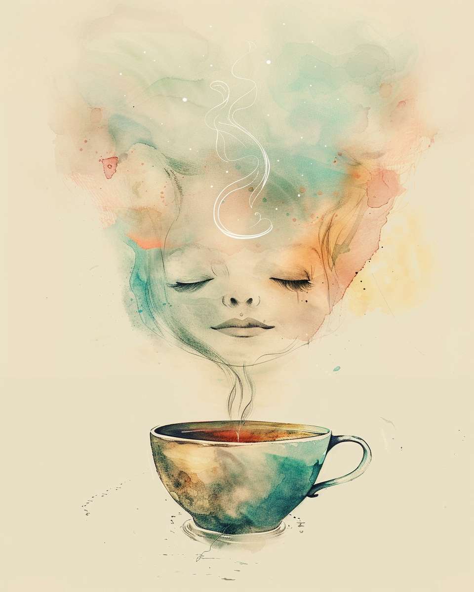 A teacup with steam forming a mindfulness symbol above it, the liquid surface reflecting a calm face, soft watercolor style, no text --ar 4:5 --v 6 --stylize 100 --fast