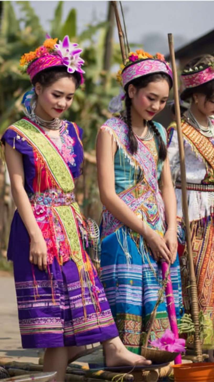 https://img-xpc-mj0.xpccdn.com/prod/upload/2cc4bcd7-778c-45f0-b39e-ccb20a641317/ScreenShot_2025-12-03_125545_442.png~tplv-5yakomv5zn-auto-v1%3A1024%3A0%3Aq75.jpg 夏天西双版纳傣族少女成群结队在街上穿着民族傣家服饰，旁边有人骑着大象 --ar 9:16 --v 7 --stylize 100 --fast --iw 1 --no 水印