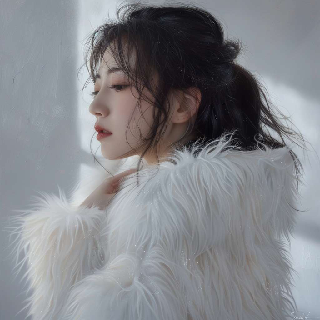 prompt：**Photography style, hot korean model in whirte fur coat, in the
style of romantic impressionism, xiaofei yue, realistic yet romantic, wavy,
1st version, barbizon school, beautiful women, real --ar 1:1 --v 6.0 --stylize 100 --fast