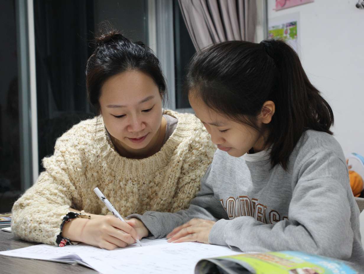 家教老师 女 温柔知性 端庄贤淑  在室内 学生家 一个学生 指导学习 正面镜头 两个人都在画面里 --ar 4:3 --v 7 --stylize 100 --fast --no 水印