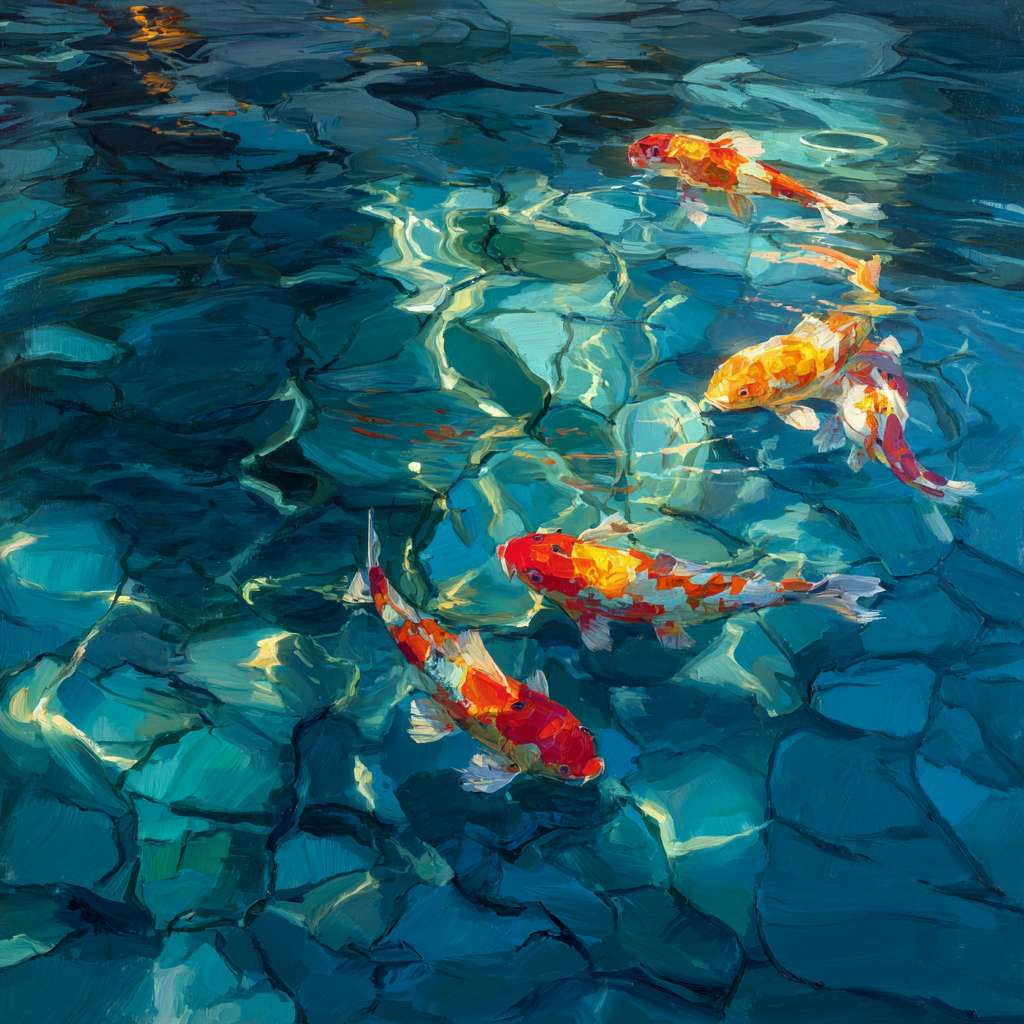 Dreamlike blue water with fractured light patterns and koi in motion, expressive brushwork capturing life and light, oil. --ar 1:1 --v 7 --stylize 100 --fast