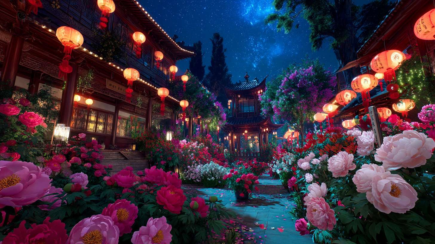 Unreal Engine 5 rendering, in this awe-inspiring scene of the ancient Luoyang Flower Festival, the composition centers on a vast sea of blooming peonies, surrounded by ancient-style pavilions, buildings, and winding corridors adorned with countless red lanterns, while the night sky is continuously lit up by colorful fireworks, the foreground features a celebrating crowd dressed in elegant Hanfu singing and dancing, the middle ground includes traditional Chinese architecture such as eaves-cornered pavilions, and the background blends deep blue starry skies with brilliant fireworks, in terms of color, vibrant reds, golds, and greens dominate, symbolizing luck and wealth, with the pink and white of the flowers sharply contrasting with the warm yellow of the lanterns, and the multicolored lights of the fireworks adding dynamic color variations, the lighting effects are exquisitely detailed, the soft glow from the lanterns casts warm shadows on people's faces and the ground, while the explosive flashes of fireworks create dazzling halos, contrasting with the cool moonlight to enhance the image's depth and dynamism, the entire scene is bustling and lively, with lanterns swaying gloriously, fireworks sparkling brilliantly, and the crowd cheering incessantly, as if transporting the viewer into a dreamlike ancient prosperous era filled with the charm of Chinese elements. --ar 16:9 --v 7 --c 20 --quality 4 --stylize 100 --fast