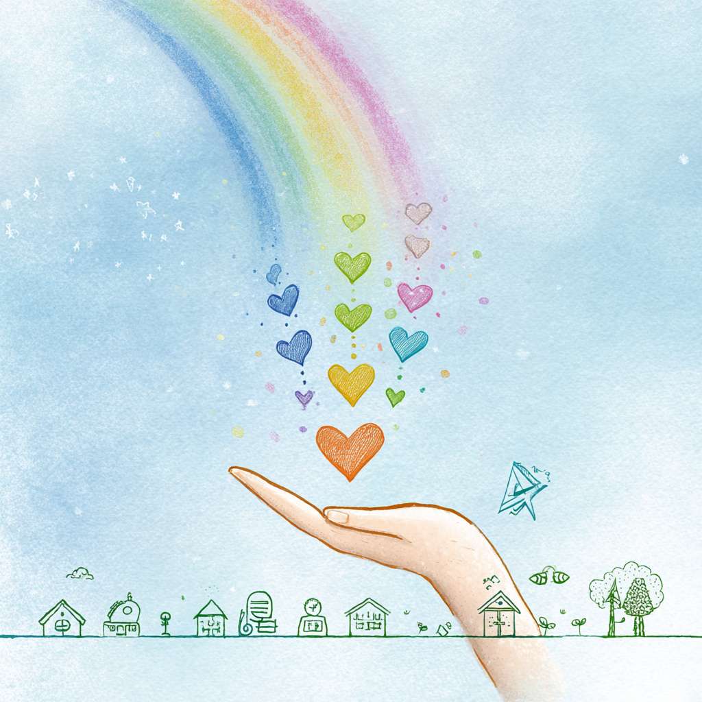 Chinese welfare lottery poster, A4 vertical, no text at all, picture-book watercolor style, soft pastel blue to white gradient background, big gentle hand center holding 7 small heart-shaped seeds in rainbow colors, seeds flying up forming a light rainbow arc, 7 childlike crayon sunshine rays from top, bottom green sprout line with 5 simple icons (crutch, book, house, heartbeat, tree), tiny paper plane at rainbow end, bright and hopeful, high-res 300 dpi, no money symbols, clean space for logo” --ar 1:1 --v 7 --stylize 100 --fast