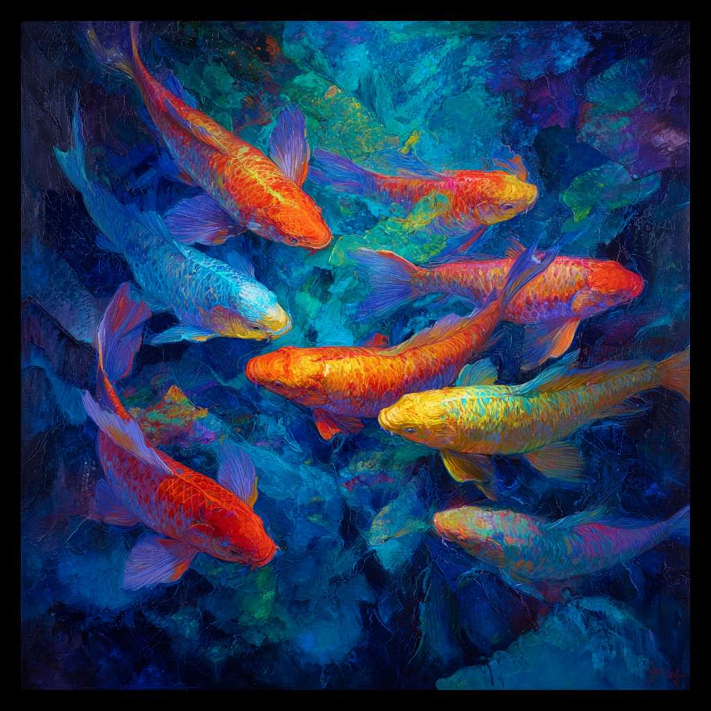 Vibrant underwater fantasy: deep blue sea interlaced with colorful light, koi in dynamic poses, 粗笔触 for water, 细笔触 for iridescence, abstract oil. --ar 1:1 --v 7 --stylize 100 --fast --no 水印