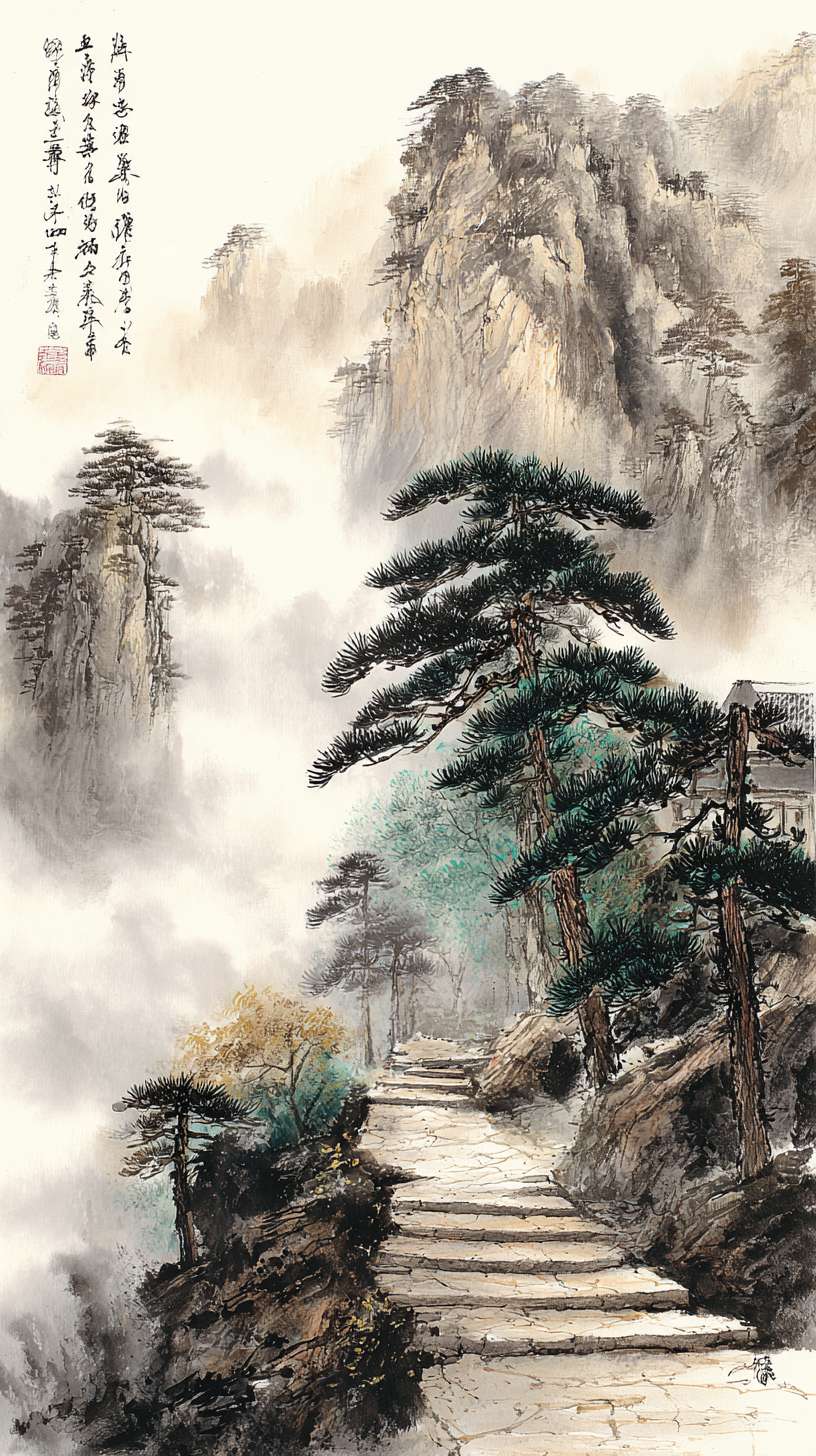 山间小路-水墨风
笔触参考:传统水墨画《富春山居图》(线条粗细变化、墨色层次)
色彩参考:游戏《仙剑奇侠传七》水墨风场景(淡雅色调、统一明度)
元素参考:动画《雾山五行》背景(竹林、山间场景的水墨质感)
构图:竖版蜿蜒,下方为石阶小路(沿画面右侧向上延伸),左侧为悬崖(淡墨勾勒),上方为云海(大面积留白)核心元素:- 石阶:青灰色(淡墨横线条,带细微纹理)- 云海:淡墨晕染(层次分明,近浓远淡)- 点缀:路边迎客松(浓墨枝干、淡墨松针)
主色调:青灰色(R130-150, G140-160, B150-170)辅助色:- 松针:墨绿色(R90-110, G120-140, B100-120)- 云海高光:纯白色(R240-250, G240-250, B240-250)统一适配:青灰色与新手村灰蓝色色调呼应,云海明度与竹林薄雾统一
1. 松针笔触与竹林竹叶笔触一致2. 石阶线条粗细与客栈石板路线条一致3. 云海层次与竹林薄雾层次的墨色过渡方式相同 --ar 9:16 --v 7 --stylize 100 --fast --no 水印
