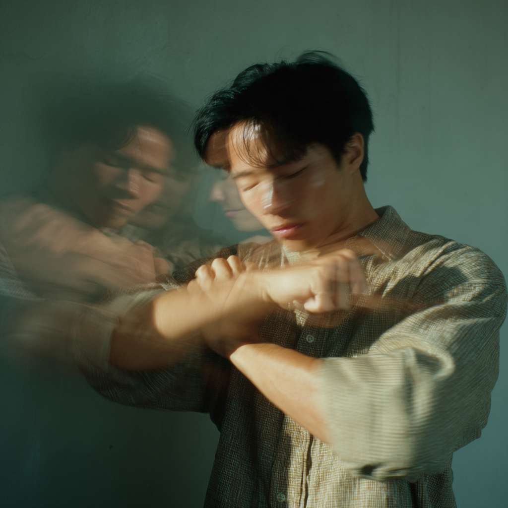 A motion picture of an Asian person slapping their cubital fossa --ar 1:1 --v 7 --stylize 100 --fast