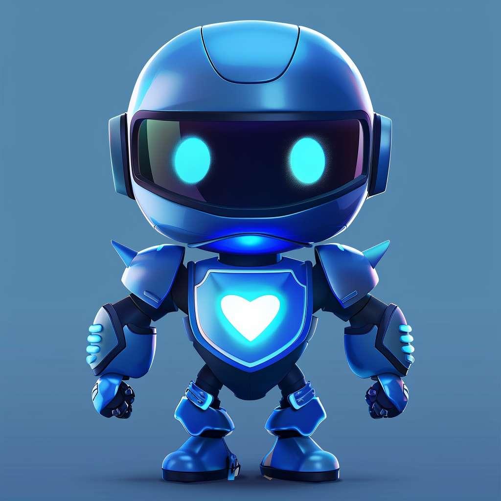 [安全侠]：blue robot with shield chest, glowing safety helmet, friendly superhero pose, clean vector art --ar 1:1 --v 6.0 --stylize 100 --fast