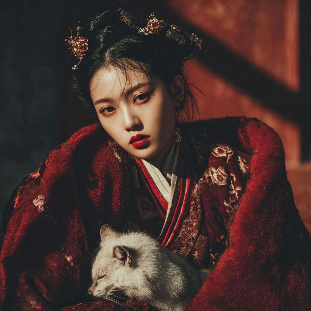 一个古风穿搭的亚洲人拍打肘窝的图片，如果能做成动图最好 --ar 1:1 --v 7 --stylize 100 --fast --no 水印