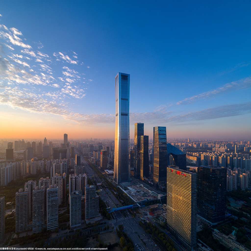 视觉焦点： 一张开阔的视角，可能是晨曦或黄昏时分的城市天际线，天空湛蓝高远，有几缕云彩（体现“秋高气爽”）。天际线中突出显示由该公司承建的标志性建筑。
文案排版：

主标题： 新凉初至，宏图正展

副标题： 处暑节气，[公司名称] 与城市共生长

主体文案： 暑热消散，视野开阔。我们以建筑丈量时代，用空间承载梦想。

公司Logo和网址 放置在底部。
配色： 蔚蓝色、金橙色（朝阳或夕阳色）、建筑剪影的黑色或深灰色。
风格： 大气、开阔、充满希望和力量感。强调公司的规模、视野以及与城市发展的紧密联系。 --ar 1:1 --v 7 --stylize 100 --fast --no 水印