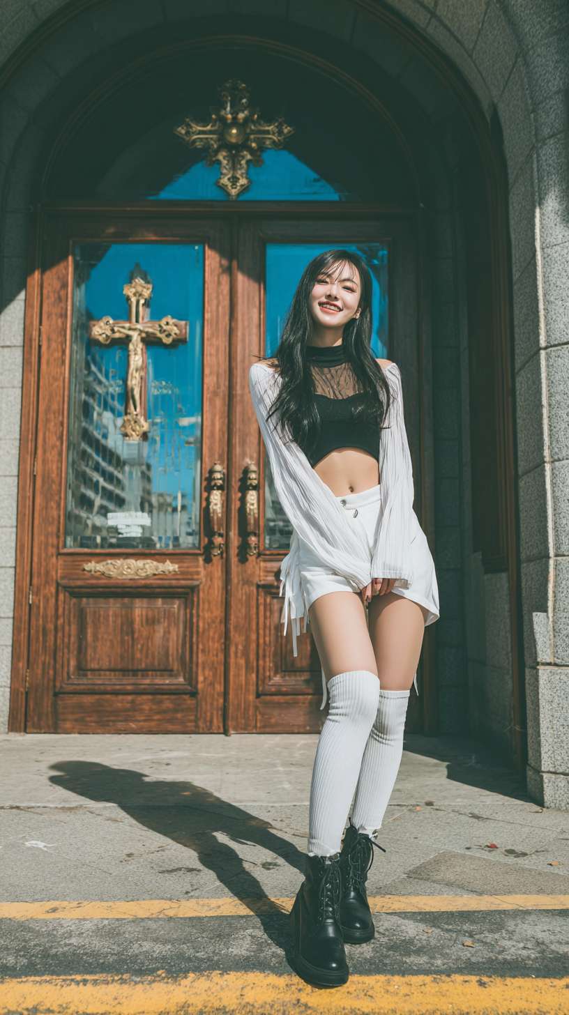 亚洲美少女，超短裙，高领，无袖，腹肌，短靴，白色过膝长袜，教堂门口大街，长发，微笑，酒窝，高清晰 --ar 9:16 --v 7 --stylize 100 --fast --no 水印,水印