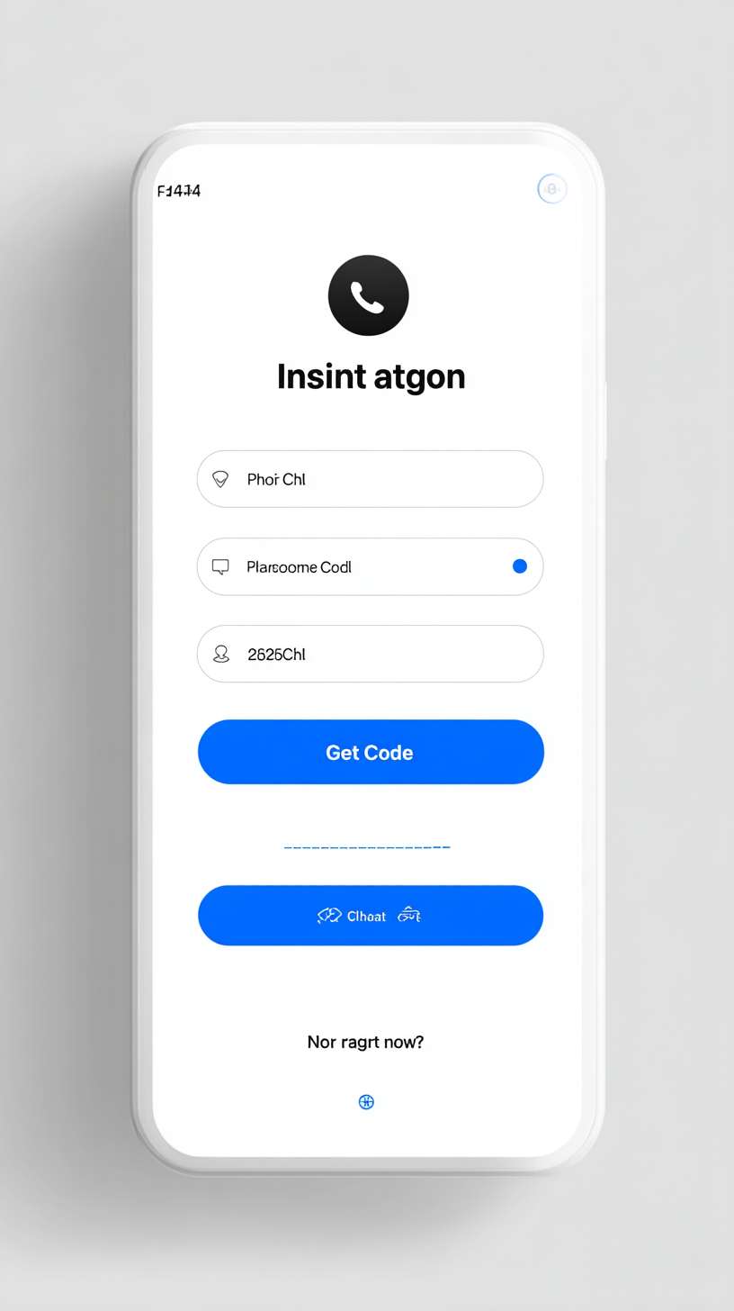 1. 登录页面关键词
Mobile app login screen, minimalist flat design, light gray background (#F5F5F5), centered white card with rounded corners, phone number input field (left phone icon, gray hint text), verification code input field (left SMS icon, right "Get Code" blue text button), large blue (#2196F3) login button (white bold text), bottom text "No account?" (gray) + "Register now" (blue, no underline), top app logo (circle) + "Instant Chat" title (bold black text), clean interface, no extra elements --ar 9:16 --v 7 --stylize 100 --fast --no 水印