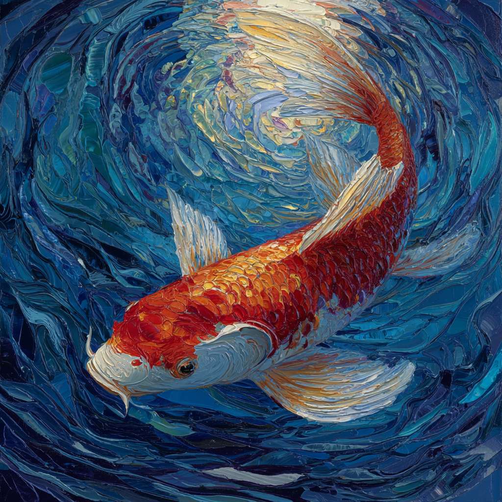 Surreal koi in blue water amid colorful light ripples, thick impasto for waves, thin lines for scales, oil. --ar 1:1 --v 7 --stylize 100 --fast