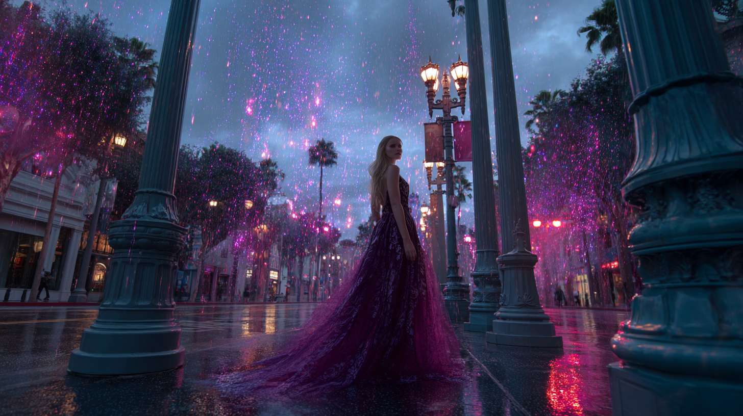 现代3D动画风格，在洛杉矶街道上的灯柱上，当时那里正下着毛毛雨。霓虹灯在潮湿的柏油路上反射出一种迷幻的景象，一个金发女人穿着华丽的紫色长裙站在前方不远处正对着镜头 --ar 16:9 --v 7 --stylize 100 --fast --no 水印