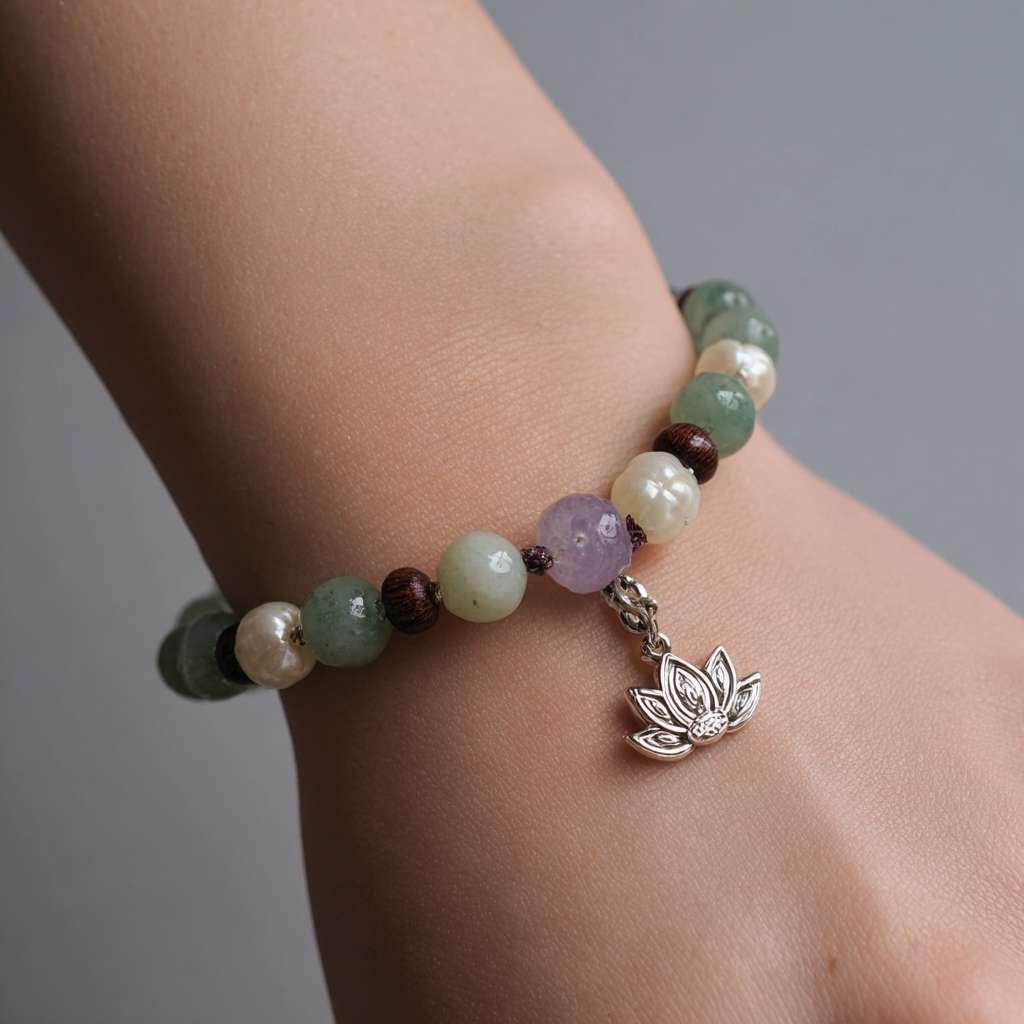 16cm hand chain, 6mm round beads (jadeite: deep spinach green, no flaws, waxy luster; agarwood: warm brown, clear oil lines; amethyst: light lavender purple, semi-transparent), 3mm off-white pearl spacers (6 pieces), 925 silver plated ancient gold small ring (8mm diameter) + mini lotus pendant (6mm length), dark brown 0.8mm elastic cord, symmetrical beading order, close-fitting to 16cm wrist, natural light, soft focus, high detail, realistic texture, minimalist elegant style, neutral background (light gray), macro shot of bracelet on a pale skin wrist --ar 1:1 --v 7 --stylize 100 --fast