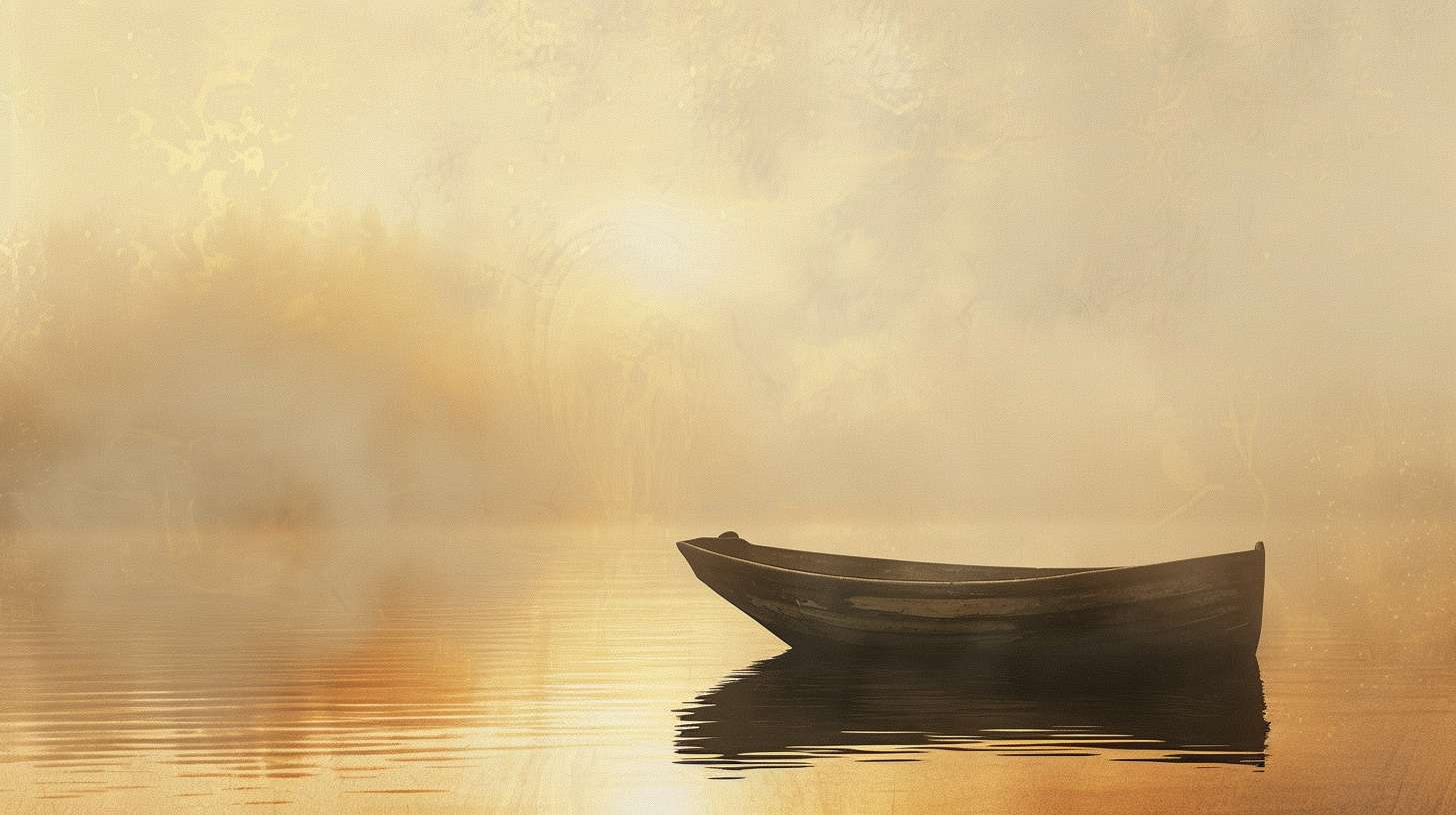 A solitary boat floating on a misty river at dawn, soft watercolor style, golden light reflecting on water ripples, minimalistic Zen aesthetic, empty boat symbolizing non-attachment, ethereal atmosphere, muted earth tones with subtle gold accents --ar 16:9 --v 6 --stylize 100 --fast