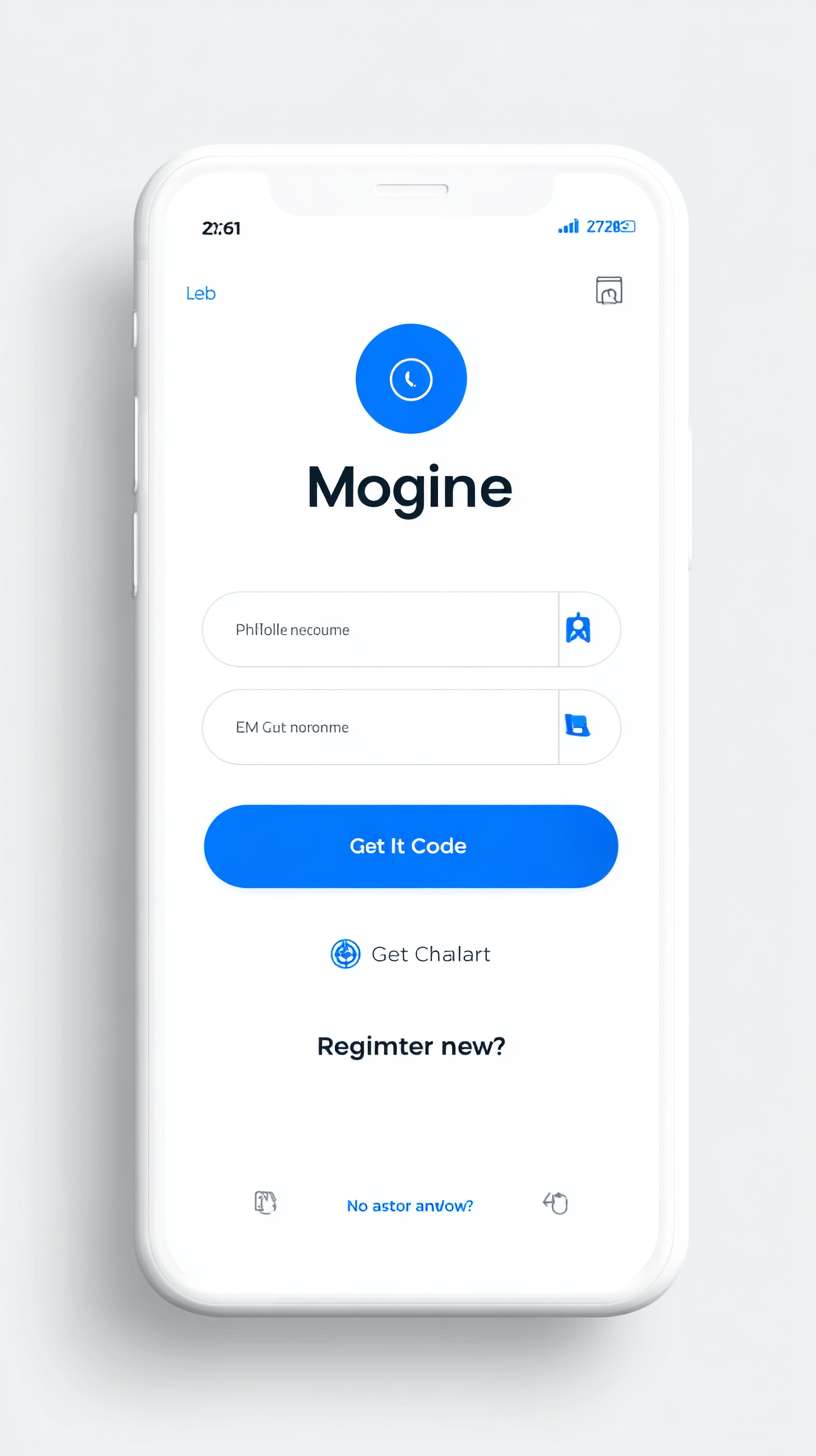 Mobile app login interface, minimalist flat style, light gray background (#F5F5F5), centered white card with rounded corners, phone number input field (left phone icon, gray hint text), verification code input field (left SMS icon, right "Get Code" blue text button), large blue (#2196F3) login button (white bold text), bottom text "No account?" (gray) + "Register now" (blue, no underline), top circular app icon + "Instant Chat" title (black bold text), clean interface, no extra elements --ar 9:16 --v 7 --stylize 100 --fast