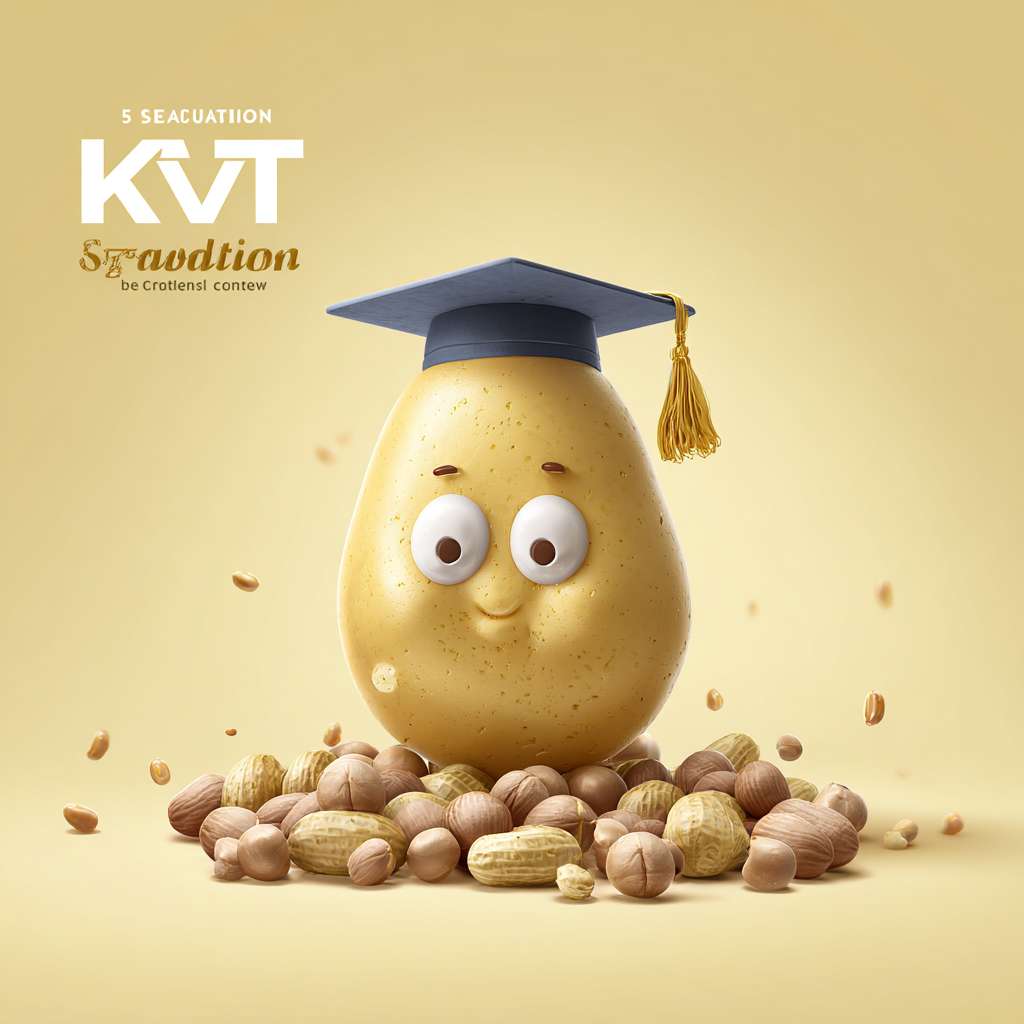 我需要设计一个KV主题，是一个幼儿园毕业典礼的海报，主题是“The fifth season graduation ceremony"。画面的主角是一个金色的种子（豆子）带着毕业帽，金色的种子是卡通形象有眼睛鼻子嘴（儿童卡通）。我需要一个非常完整的画面，要丰富的周围背景。 --ar 1:1 --v 7 --stylize 100 --fast --no 水印