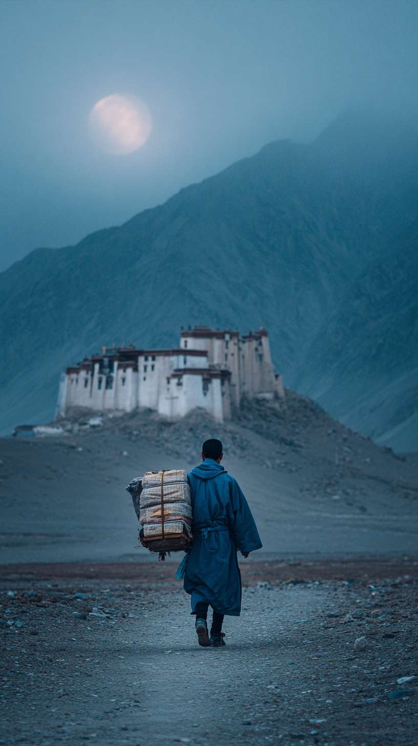 全景，页面比较昏暗，在晚上的深山里面，月光照亮着地面，一个身着靛蓝色书生服男子，背着书箱，外面下着雨比较阴暗，前面有点远的地方是一座破败的寺庙矗立在荒山野岭中，背面远景镜头 --ar 9:16 --v 7 --stylize 100 --fast --no 水印
