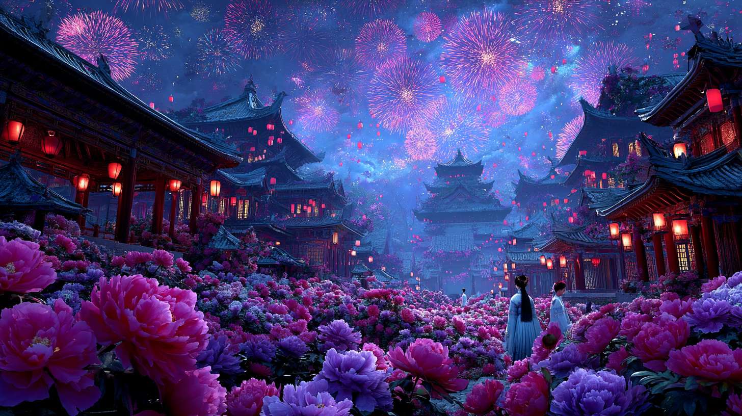 Unreal Engine 5 rendering, in this awe-inspiring scene of the ancient Luoyang Flower Festival, the composition centers on a vast sea of blooming peonies, surrounded by ancient-style pavilions, buildings, and winding corridors adorned with countless red lanterns, while the night sky is continuously lit up by colorful fireworks, the foreground features a celebrating crowd dressed in elegant Hanfu singing and dancing, the middle ground includes traditional Chinese architecture such as eaves-cornered pavilions, and the background blends deep blue starry skies with brilliant fireworks, in terms of color, vibrant reds, golds, and greens dominate, symbolizing luck and wealth, with the pink and white of the flowers sharply contrasting with the warm yellow of the lanterns, and the multicolored lights of the fireworks adding dynamic color variations, the lighting effects are exquisitely detailed, the soft glow from the lanterns casts warm shadows on people's faces and the ground, while the explosive flashes of fireworks create dazzling halos, contrasting with the cool moonlight to enhance the image's depth and dynamism, the entire scene is bustling and lively, with lanterns swaying gloriously, fireworks sparkling brilliantly, and the crowd cheering incessantly, as if transporting the viewer into a dreamlike ancient prosperous era filled with the charm of Chinese elements. --ar 16:9 --v 7 --c 20 --quality 4 --stylize 100 --fast