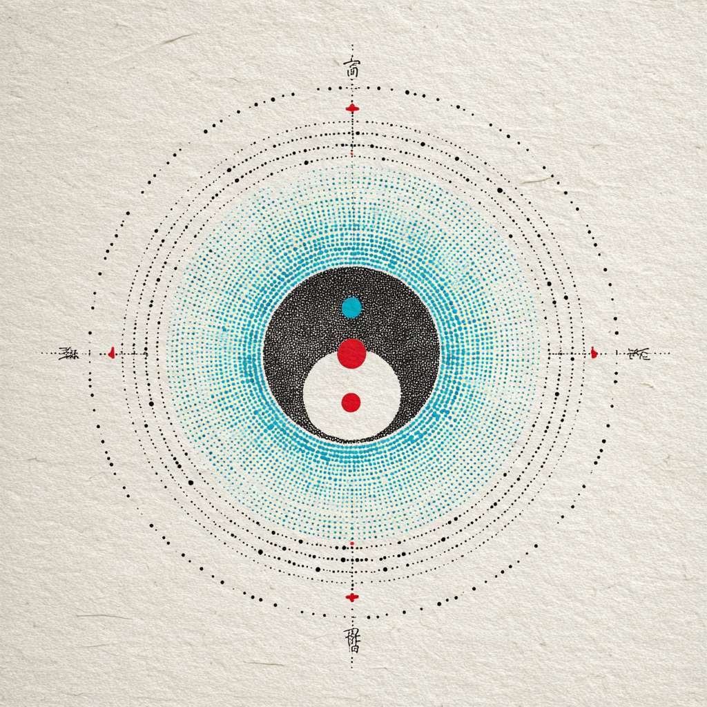 "Circular logo, ink-wash Tai Chi symbol in cyan and black, surrounded by tiny dotted lines resembling ancient book binding threads, red dot in center, white background, Chinese Zen style, minimalistic, no text, high resolution" --ar 1:1 --v 7 --stylize 100 --fast