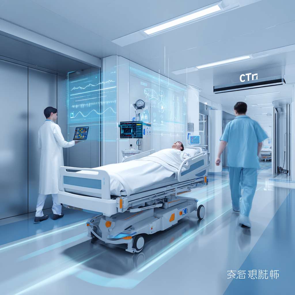 现代医院ICU走廊场景，科技感，浅蓝色调，整洁明亮。一名重症患者躺在智能移动床上，床体配备激光雷达和传感器，正在自动导航。床位配有平板显示频显示患者生命体征和路径规划图，一名护士手持平板电脑远程监控。移动床正在避开一名路过的医生。背景有电梯和指示牌，显示“CT室”。风格写实，细节精致，光线柔和，有医疗科技感。 --ar 1:1 --v 7 --stylize 100 --fast --no 水印