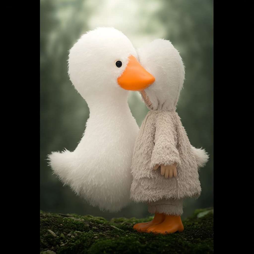 https://img-xpc-mj0.xpccdn.com/prod/upload/6142d541-9b9c-4c57-8e6b-ad78daa441dd/ME1753784848498.png~tplv-5yakomv5zn-auto-v1%3A1024%3A0%3Aq75.jpg 这幅图中有个少年和一个白色的鹅。少年穿着全身的斗篷，侧面对着我，斗篷的帽子很大，看不到脸。鹅胖胖的，样子像上传图一样。少年和鹅差不多高，两小只面对面站着，鹅伸出自己的小手，少年也伸出自己的小手，两个小手互相接触。图的背景是一片森林，底部是布满青苔的石头，少部分会漏出石头本来的样式。从上空打下一束柔柔的光，光子漂浮着巨大的孢子 --ar 1:1 --v 7 --stylize 100 --fast --iw 1 --no 水印