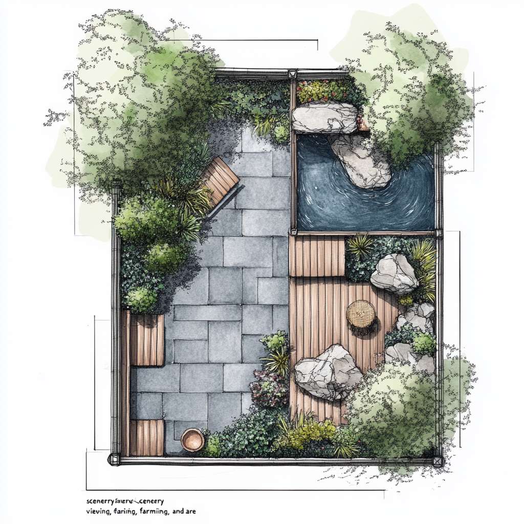 请根据以下描述生成一个建筑平面图。一、庭院功能分区与动线规划
1. 前院(迎宾景观区)
尺寸:4m×8m(靠近主入口)
核心元素:
中式门廊:悬挑1.5m宽灰瓦檐廊,地面铺青石板,设木质长凳供休憩。
曲径通幽:鹅卵石拼花小径(宽0.8m)蜿蜒至入口,两侧种植修水本地毛竹、蕨类。
水景点睛:利用小溪活水引入小型叠水景(宽1m×长2m),配石磨盘流水装置。
2. 侧院(实用功能区)
功能复合:
农具收纳:竹篱笆围合2m×3m工具间,顶部攀缘凌霄花遮阳。
晾晒区:防腐木平台(3m×3m),配可收放晾衣绳。
3. 后院(私密休闲区)
设计要点:
亲水平台:防腐木搭建挑台(4m×3m)延伸至溪边,设固定藤编桌椅。
生态菜园:阶梯式种植箱(1.2m高,方便老人操作),种植辣椒、薄荷等易打理作物。
夜景观赏:沿溪悬挂竹编灯笼,安装太阳能草坪灯(色温2700K暖光)。
二、中式美学细节设计
元素 实现方式 成本控制技巧
围墙 1.2m高青砖基座+上部竹格栅(间距15cm) 基座用本地红砖刷青灰漆,节省30%成本
地面铺装 60%青石板(主径)+30%砾石(排水带)+10%防腐木(平台) 砾石层下铺土工布防杂草
植物搭配 上层:桂花(香氛)+ 红枫(秋色)
中层:南天竹+芭蕉
下层:麦冬+矾根 选择2-3年生苗木,本地采购降低运费
小品装饰 旧石槽改荷花池、陶罐组合盆景、仿古拴马石 利用老物件再造景,文化感强且低成本
三、气候适应性设计
防潮排水
地面整体坡度3%向小溪方向倾斜,砾石排水沟沿建筑周边设置。
亲水平台底部架空10cm,采用菠萝格防腐木(耐湿性优于杉木)。
夏季遮阳
廊架顶部覆盖50%透光率的竹编遮阳板,搭配紫藤、葡萄等攀缘植物。
东西侧种植常绿女贞树篱(高2.5m),阻挡午后西晒。
冬季防风
北侧用木槿+珊瑚树混植绿篱(密度0.8m/株),降低冷风侵袭。
休息区设可拆卸透明防风帘(亚克力板+木框),冬季临时加装。
四、适老化安全设计
无障碍通行:所有通道宽度≥1m,无台阶设计,门槛高差<1cm。
防滑处理:青石板表面做荔枝面处理(摩擦系数≥0.6),木平台加防滑凹槽。
应急便利:
休憩区每10m设一键呼叫按钮(直连老人房报警器)。
夜间路径灯带嵌入地面(照度50-100lux),自动感应启动。
五、成本优化方案(预算3-5万元)
项目 推荐做法 单价参考
硬质铺装 本地青石板(60元/㎡)+ 砾石(30元/㎡) 1.2万元(约200㎡)
木作 菠萝格防腐木平台(350元/㎡) 1.5万元(40㎡)
绿化 本地苗木+自播草花 0.8万元(含土壤改良)
水景 小型循环水泵+旧石槽改造 0.3万元
照明 太阳能庭院灯+LED灯带 0.4万元
六、四季景观搭配建议
季节 观赏焦点 植物选择
春 入口紫藤花廊 紫藤、杜鹃、迎春
夏 荷池与芭蕉听雨 荷花、芭蕉、茉莉
秋 红枫与桂花香径 红枫、桂花、菊花
冬 竹石景观与常绿树 毛竹、南天竹、茶梅
七、施工注意事项
管线预埋:庭院照明线路穿PVC管埋深≥40cm,预留智能灌溉接口。
植被养护:芭蕉、竹子等根系发达植物需距建筑基础≥2m。
生态保护:溪边保留1m原生植被缓冲带,防止水土流失。
效果示意:
日景:白墙黛瓦掩映竹影,青石小径蜿蜒至溪边,木平台上老人闲坐品茶。
夜景:竹灯笼暖光映照水面,麦冬草间的萤火虫灯星星点点,宛如水墨画卷。
通过功能复合、在地材料利用和精细化适老设计,可在有限预算内实现“观景、务农、休闲”三合一的舒适庭院。 --ar 1:1 --v 6.1 --stylize 100 --fast