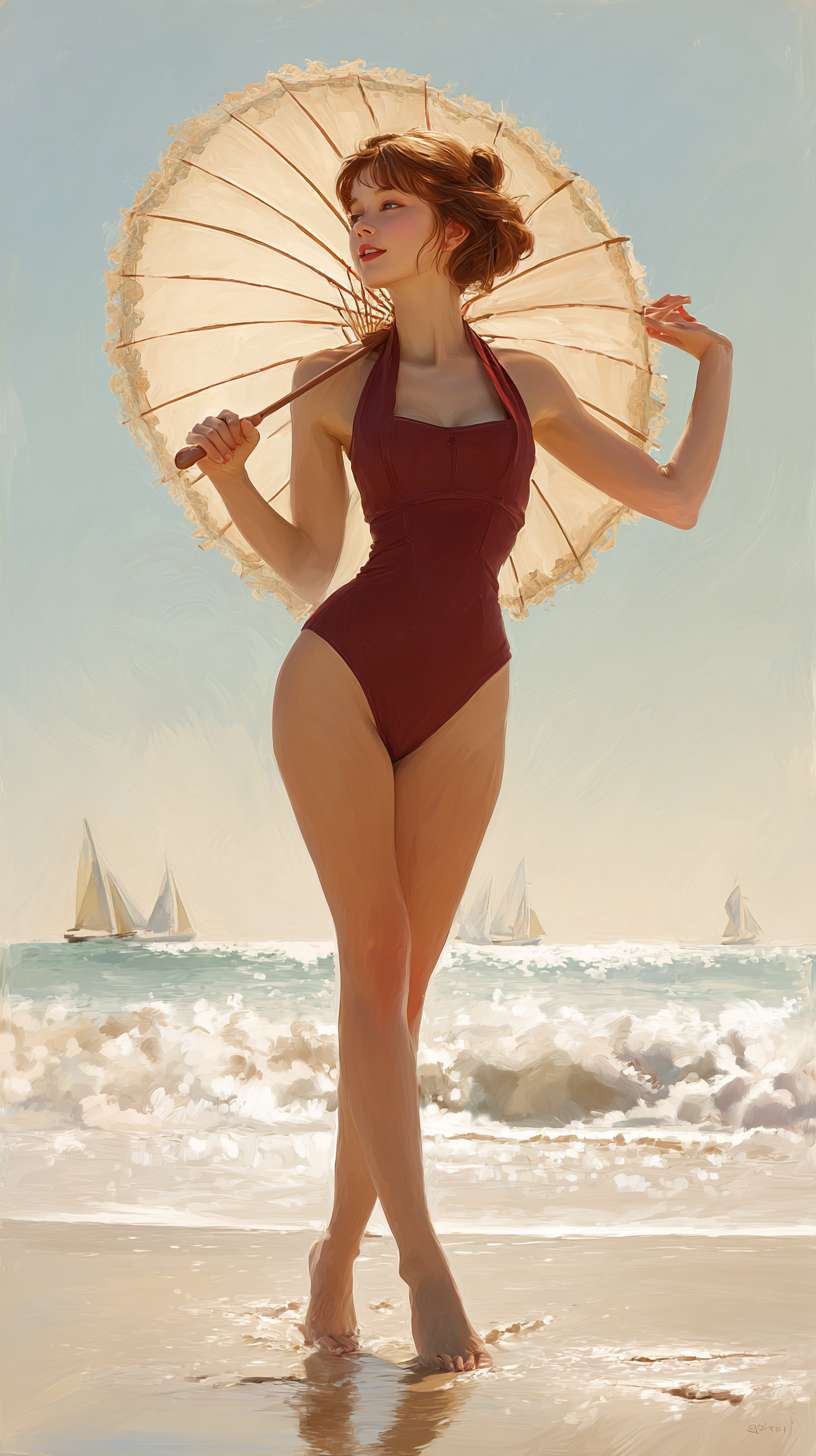 Realistic cinematic beach scene of a stylish woman in burgundy halterneck one-piece swimsuit strolling on golden sands. She holds a vintage parasol, wind tousling her wavy hair, long legs leaving elegant footprints as she gazes confidently into the distance. Background features sailboats dotting the horizon where sky meets ocean, waves glistening with pearlescent highlights. Composition follows golden spiral, foreground sand textures detailed, midground figure dynamically posed, distant horizon softly blurred. Shot with Sony A7R IV in 8K UHD, midday sidelight sculpts her silhouette for a vibrant, athletic aesthetic. --ar 9:16 --v 7 --stylize 100 --fast