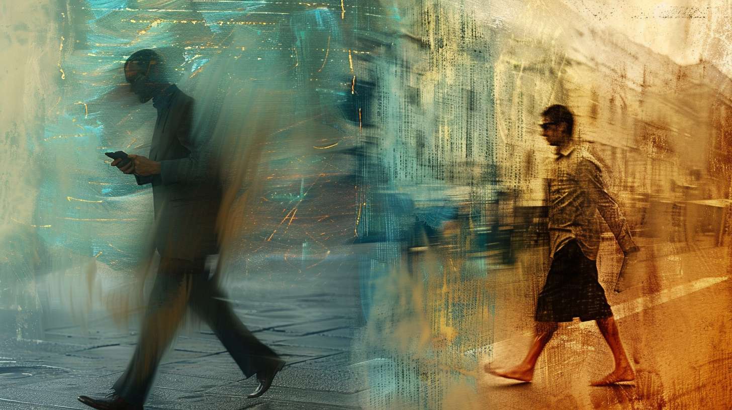 Split image: left side shows frantic businessman walking on phone, right side shows calm barefoot walker, blurred boundary between, no text, social commentary art --ar 16:9 --v 6 --stylize 100 --fast