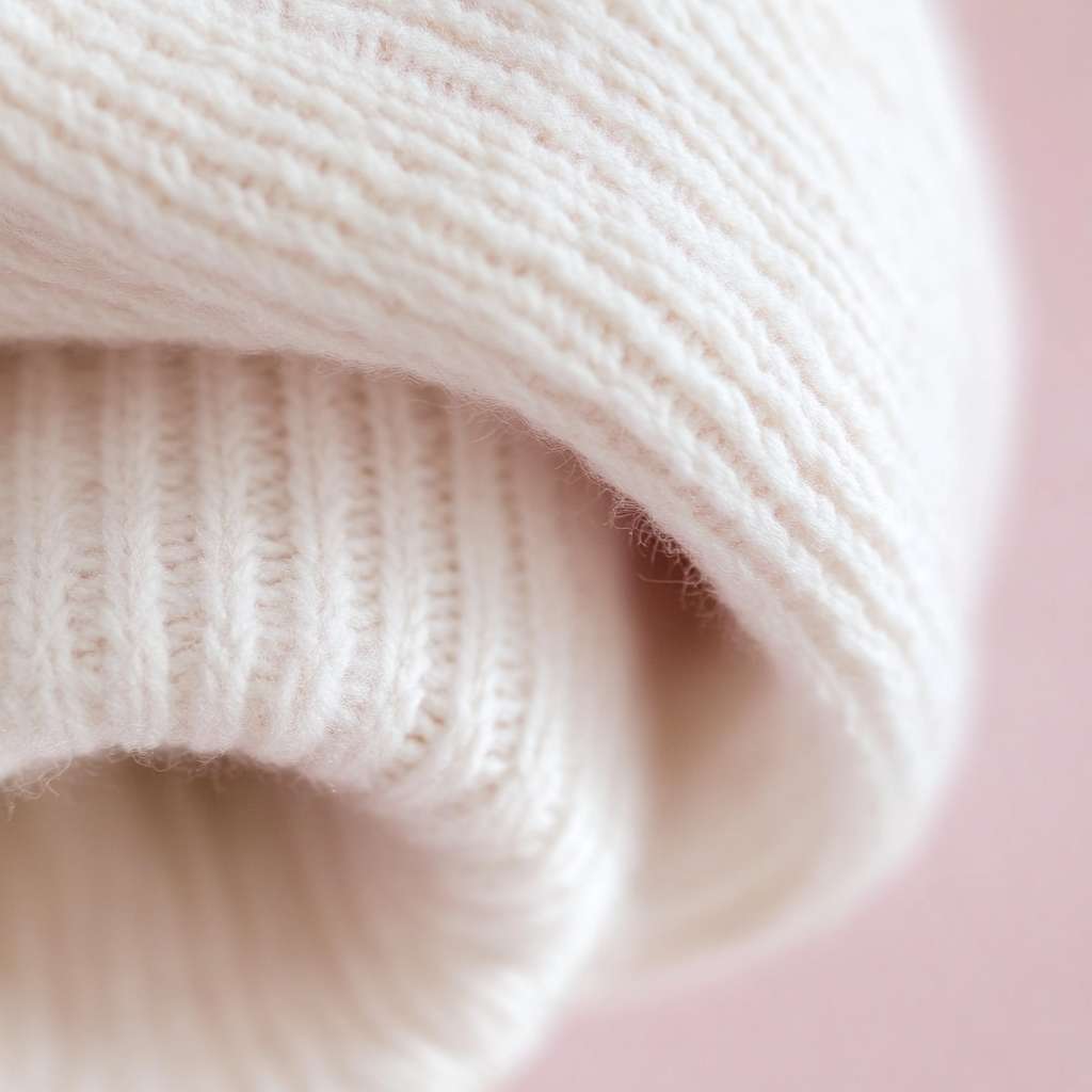knit fabric roll, white and dusty pink, diagonal composition, minimalist product photography, soft shadows, macro texture of loops, pastel background, 8k --ar 1:1 --v 6.1 --style raw --stylize 100 --fast