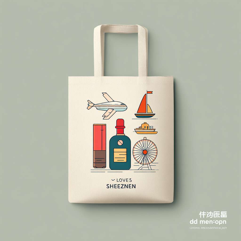 A graphic design layout for a tote bag, fdront and back view displayed flat.
Front: A modern vector-style illustration group featuring 2 colorful cosmetics (lipstick, serum), 1 elegant liquor bottle, and 1 minimalist watch. Integrated with simple line icons of an airplane, a ship, and a ferris wheel. The text "LOVES SHENZHEN" is prominently placed in a modern sans-serif font.
Back: Only the "cdf会员购" logo is positioned simply in the bottom right corner.
The bag color is off-white (beige). The design should look clean, professional, and ready for print. --ar 1:1 --v 7 --stylize 100 --fast --no 水印