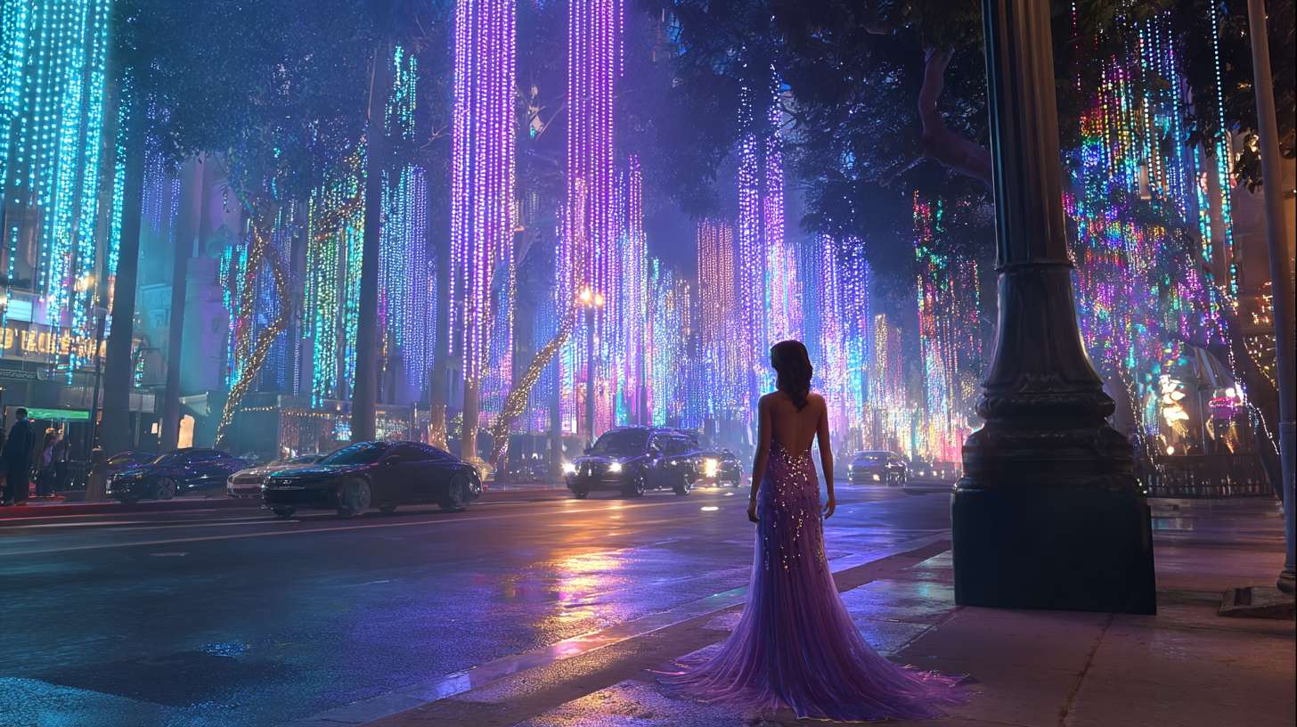 现代3D动画风格，在洛杉矶街道上的灯柱上，当时那里正下着毛毛雨。霓虹灯照在潮湿的柏油路上，一个金发女人穿着华丽的紫色长裙站在前方不远处正对着镜头 --ar 16:9 --v 7 --stylize 100 --fast --no 水印