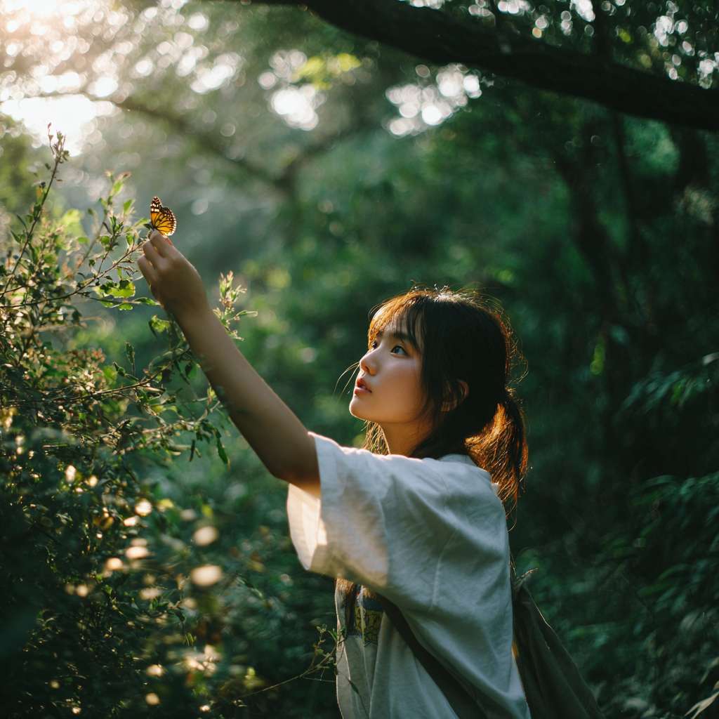 一位大約十至十一歲的小學女生站在綠意盎然的樹林裡，陽光從樹葉間灑下。她伸出手掌，一隻蝴蝶輕輕停留在她的手上。女孩專注而溫柔地觀察著蝴蝶，表情充滿好奇與純真。真實攝影風格、自然光、淺景深、背景柔和的森林光影。 --ar 1:1 --v 7 --stylize 100 --fast --no 水印