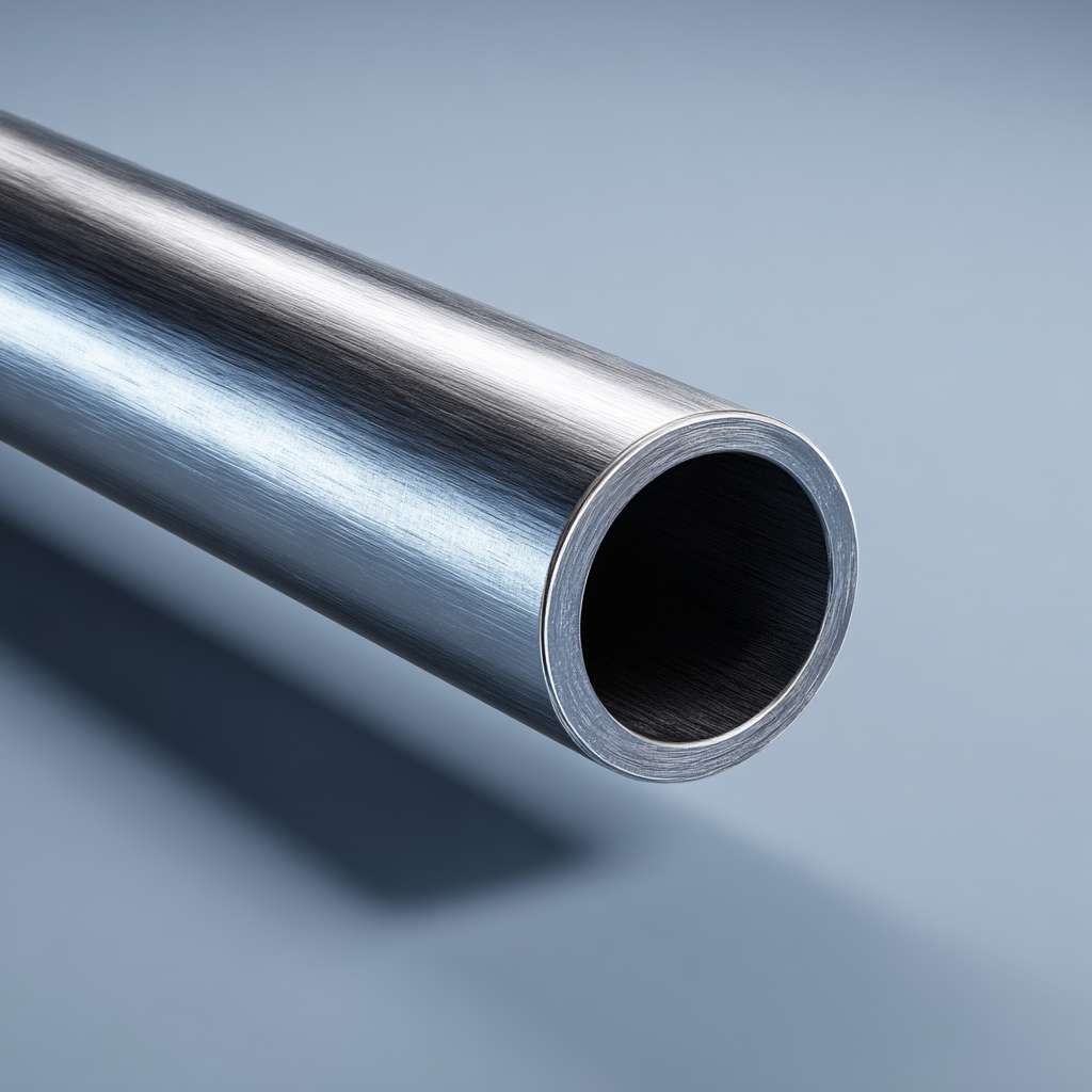 A background for a marine-grade stainless steel pipe, minimalist product photography, clean and sleek industrial design, soft lighting from the side, muted silver and dark navy blue color palette, subtle brushed metal texture, vast negative space on a light gray background, modern and professional, high-end commercial use, studio shot, hyper-detailed, 4k --ar 1:1 --v 7 --stylize 100 --fast
