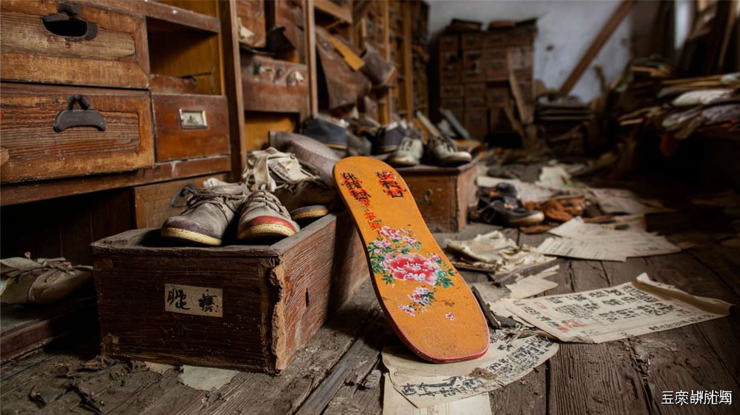 https://img-xpc-mj0.xpccdn.com/prod/upload/98677ad4-1d7d-4b12-b527-0e8a8f4f1793/%E6%8F%8F%E8%BF%B0%E6%9C%A8%E5%B1%90%E9%9E%8B%E5%9C%BA%E6%99%AF.png~tplv-5yakomv5zn-auto-v1%3A1024%3A0%3Aq75.jpg 单只、一只 木屐鞋在老宅阁楼，堆满旧衣柜，藤箱和散落的报纸，远景 --ar 16:9 --v 7 --stylize 100 --fast --iw 1 --no 水印