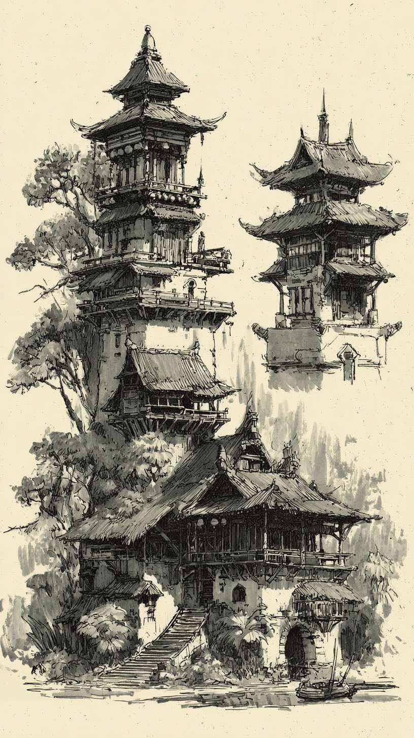 给我一张新手村，黑白水墨风，游戏背景，不需要文字 --ar 9:16 --v 7 --stylize 100 --fast --no 水印