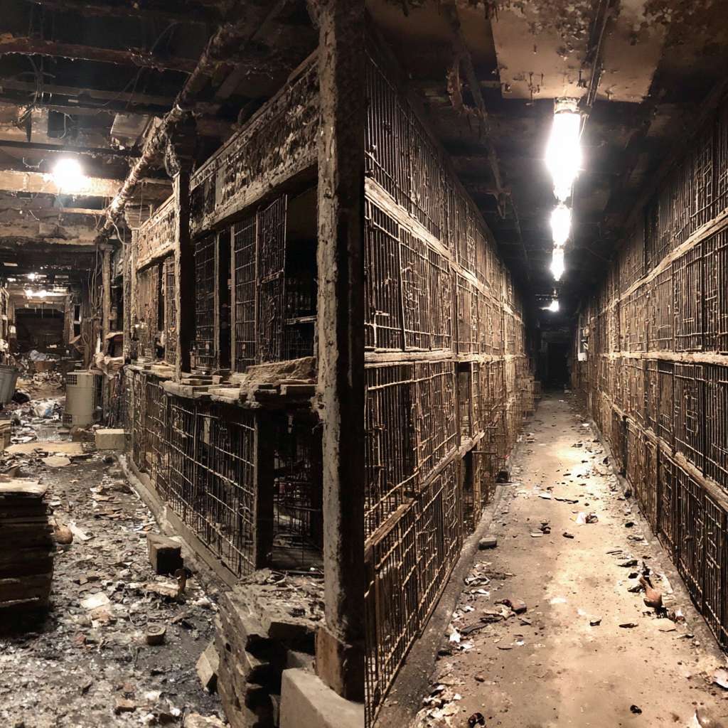 地下 5 层，废弃地铁隧道改成的拍卖场。钨丝灯排成一条冷白长龙，铁笼、锁链、人影晃动。大广角 --ar 1:1 --v 7 --stylize 100 --fast --no 水印