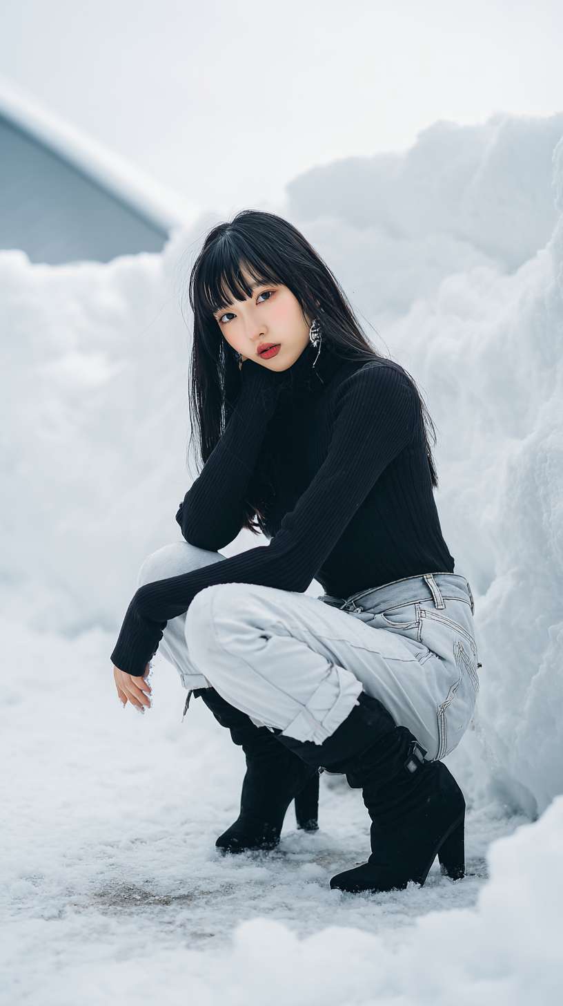 1个女孩，长发，黑发，短牛仔裤，长腿，高跟鞋，冬天，雪，雪地，雪山，光线 --ar 9:16 --v 7 --stylize 100 --fast --no 水印,水印