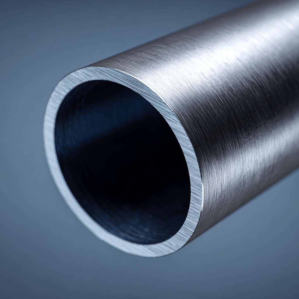 A background for a marine-grade stainless steel pipe, minimalist product photography, clean and sleek industrial design, soft lighting from the side, muted silver and dark navy blue color palette, subtle brushed metal texture, vast negative space on a light gray background, modern and professional, high-end commercial use, studio shot, hyper-detailed, 4k --ar 1:1 --v 7 --stylize 100 --fast