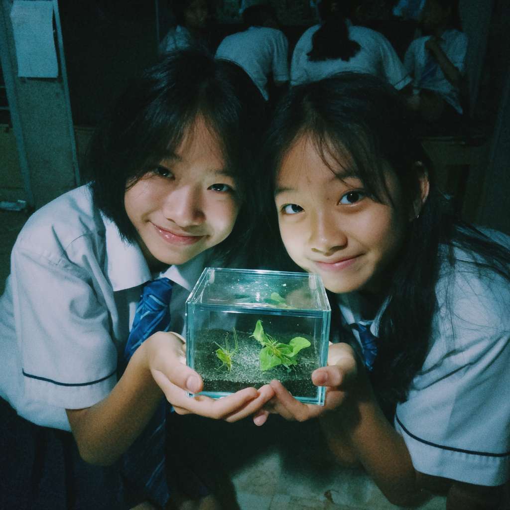 有2位穿著校服的華人小學生開心的表情雙手托起一個螢火蟲的正方體透明小盒子，盒子內的螢火蟲在青苔上發光 --ar 1:1 --v 7 --stylize 100 --fast --no 水印