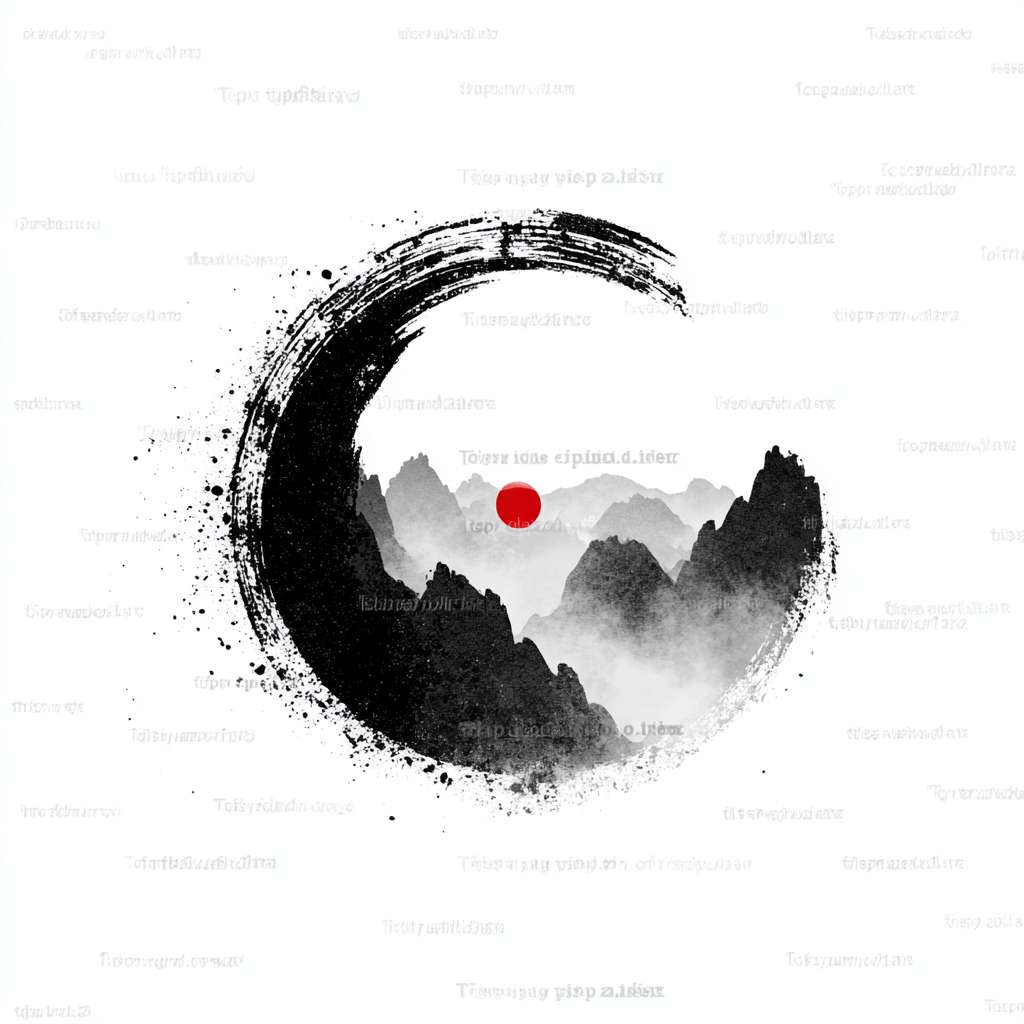 "Circular logo, Chinese ink-wash Tai Chi symbol in black and white, surrounded by faint misty mountain silhouettes, a single red dot in the center, pure white background, Zen style, minimalistic, no text, no watermark, high resolution, vector art" --ar 1:1 --v 7 --stylize 100 --fast