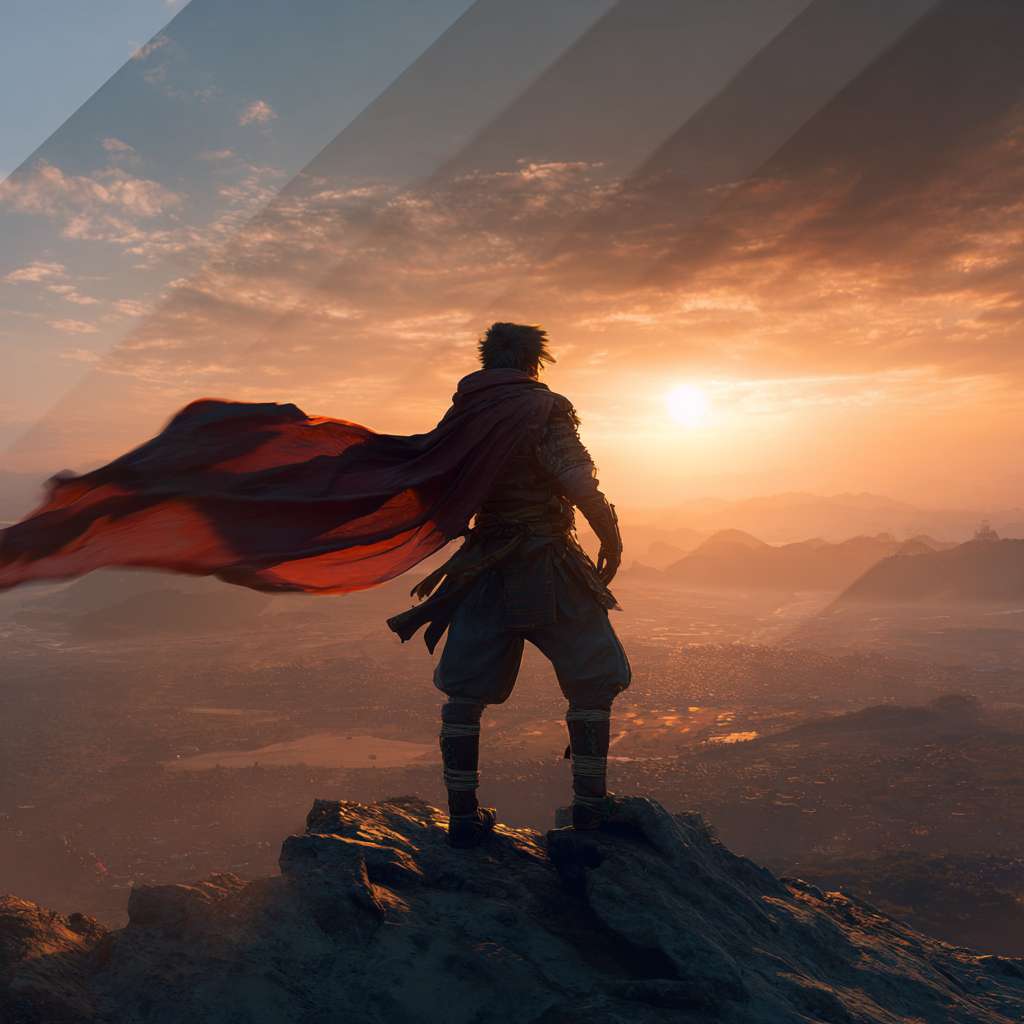 超写实摄影风格，8K 分辨率，HDR 高动态范围，俯视视角，人物占据画面左侧 1/4 区域。主体为男性明代将军风格背影带红色披风，被风微微吹拂起来，站在山巅目视前方的落日余晖。右侧 2/3 画面为极致写实的自然景观。整体光影遵循黄金时刻光学特性，有一种胜利者的姿态。 --ar 1:1 --v 7 --stylize 100 --fast --no 水印
