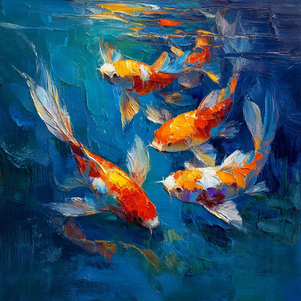 Dynamic underwater scene: deep blue water as base, 五彩光影 dancing around agile koi, thick brushwork for water texture, thin strokes for fish movement, oil. --ar 1:1 --v 7 --stylize 100 --fast --no 水印